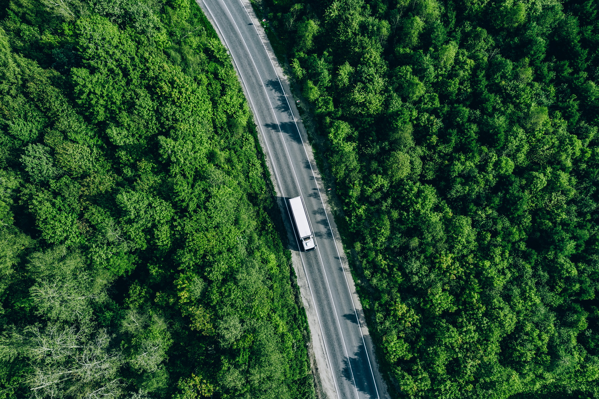 Aerial drone view of truck car on green summer curved road. Tran